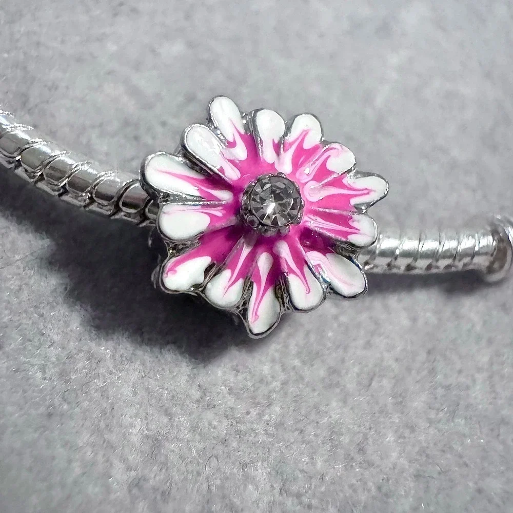 Pink White Enamel Flower Bead Charm fits‎ PANDORA